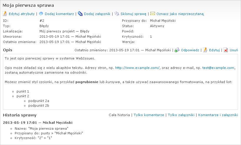 Szczegóły utworzonej sprawy